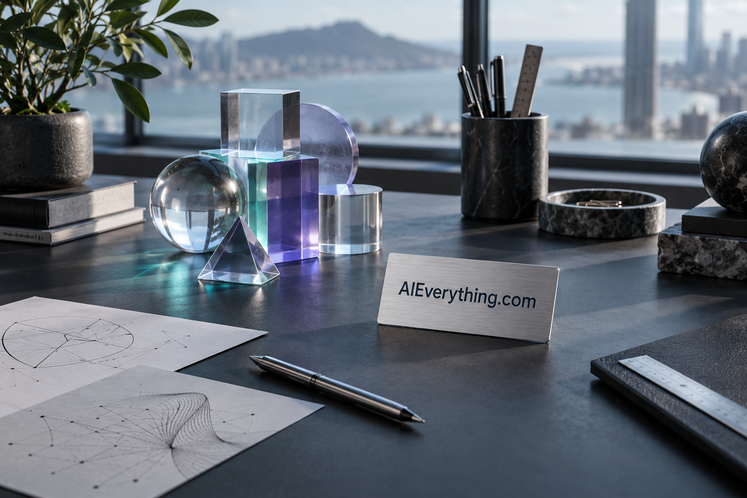 AIEverything.com on a brushed metal card beside violet and clear geometric objects in a daylight studio