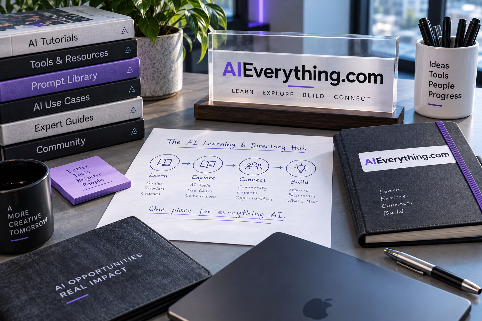 AIEverything.com learning concept with notebooks and study materials
